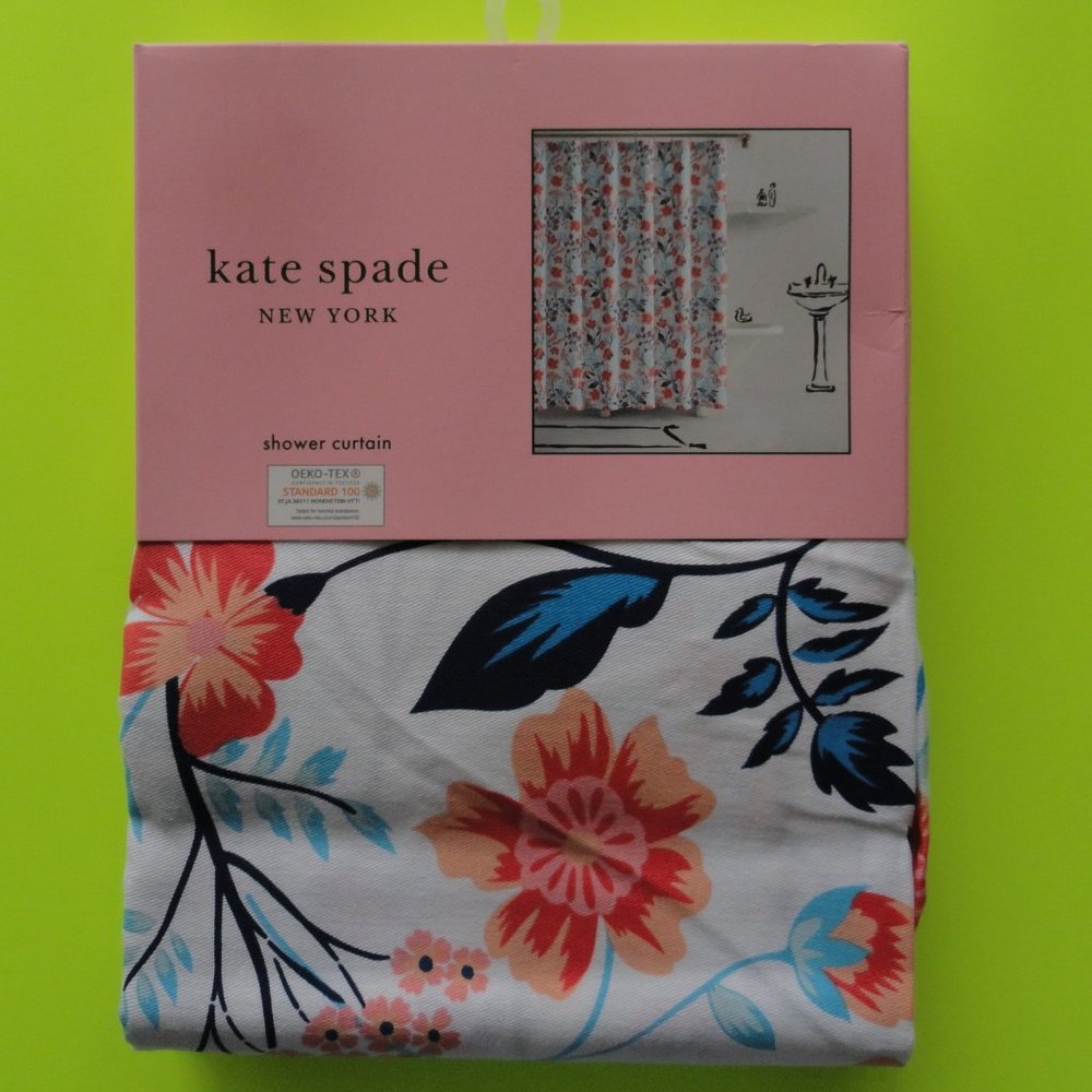 Kate Spade Shower Curtain, New, FLORAL Cotton, flowers white blue orange H88